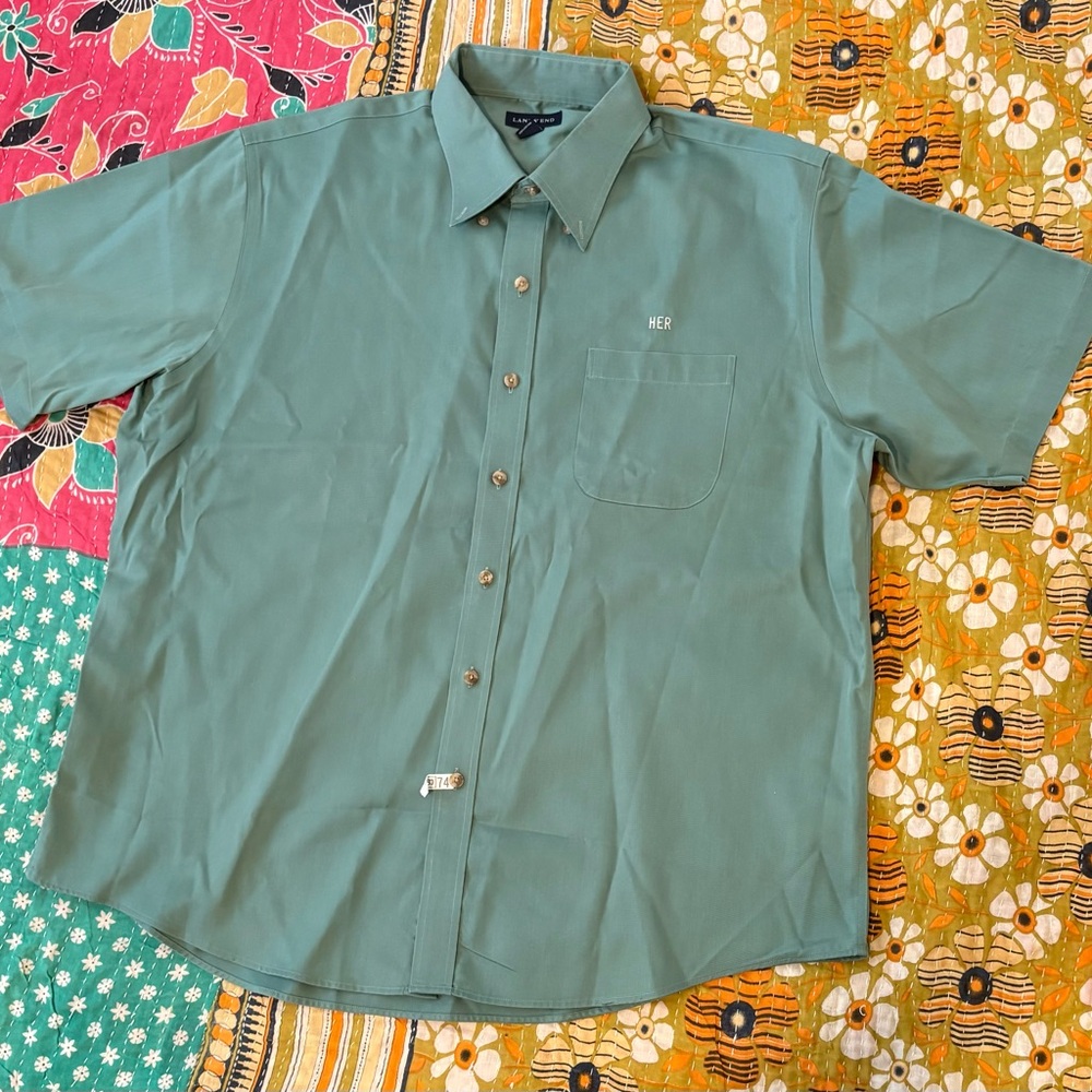 Land’s End Green Short Sleeve Shirt Button-Down 100% Cotton